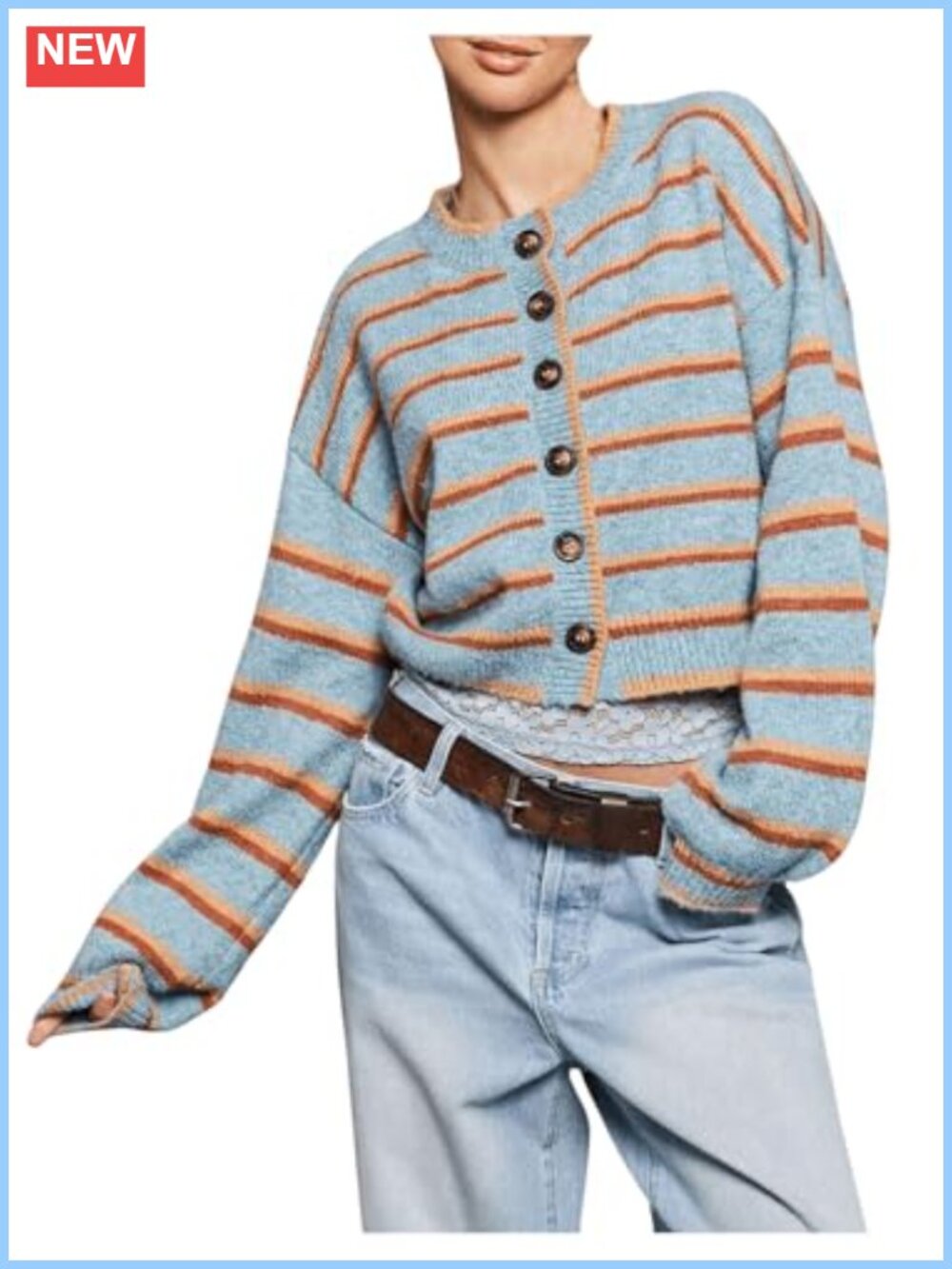 Striped Button Front Crop Cardigan Long Sleeve Rib Knit Sweater
